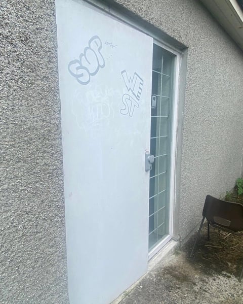 White door with graffiti on textured gray building wall, small planter visible beside entrance
