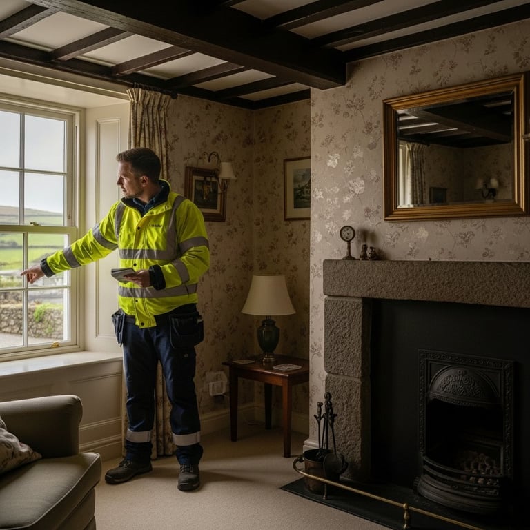 Worker in high-visibility jacket inspecting interior room with fireplace, floral wallpaper, and traditional furniture