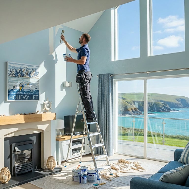Worker on ladder painting interior wall of bright modern home with coastal ocean view through large windows