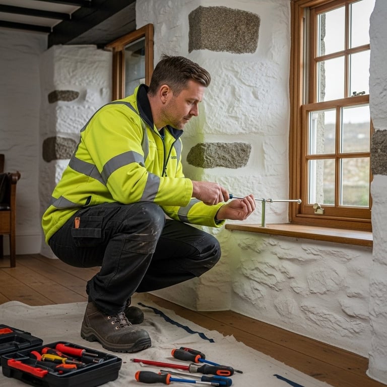 Construction worker in yellow safety jacket crouching while inspecting interior stone wall with tools nearby