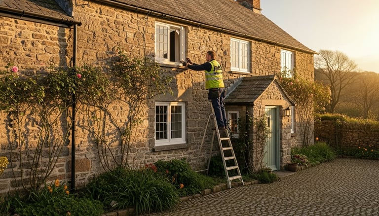 Stone cottage with ivy-covered walls, worker on ladder cleaning gutters at sunset