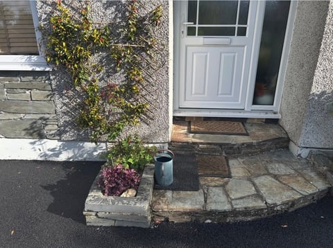 Residential entryway with white door, ivy-covered wall, potted burgundy plant, and stone patio