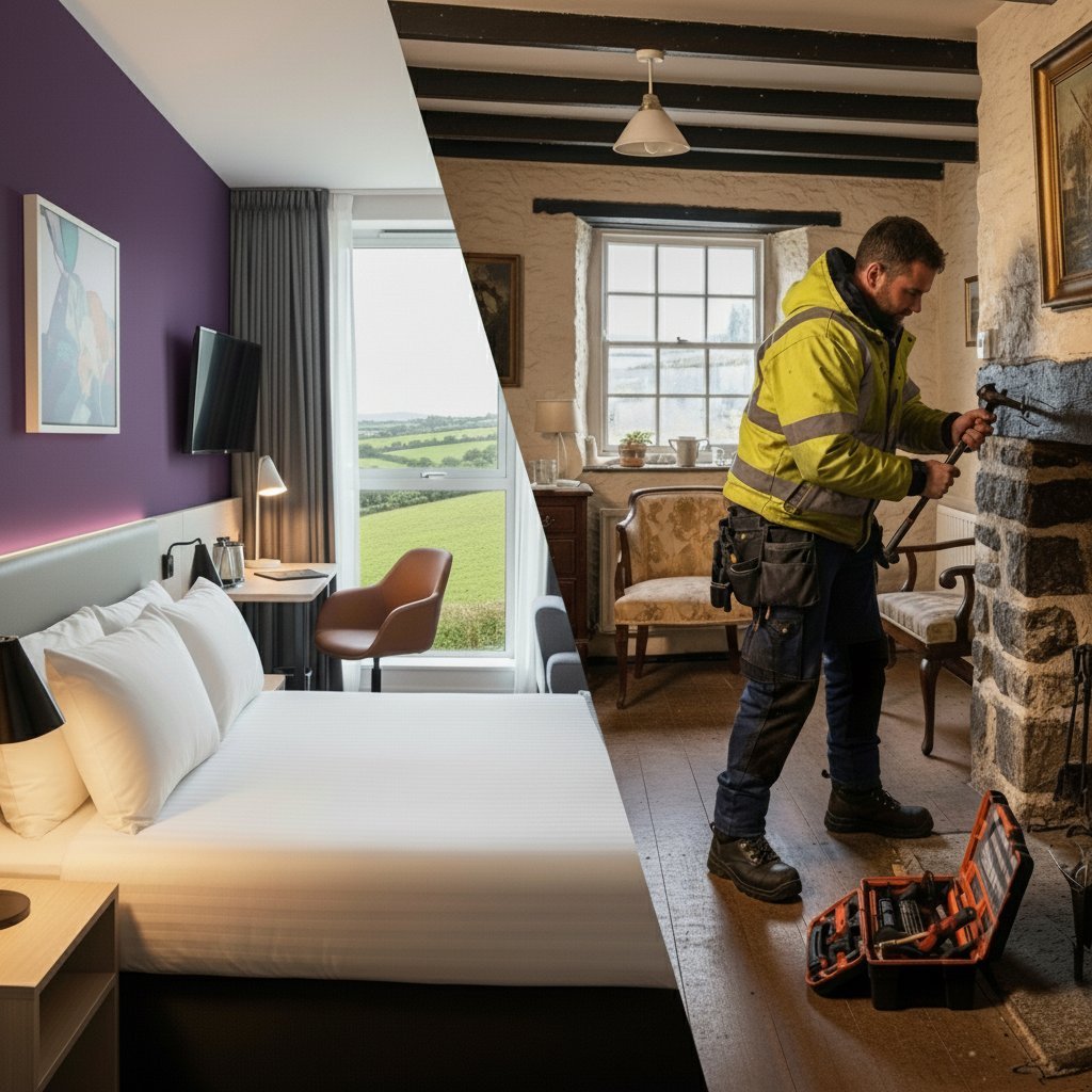 Worker in yellow safety gear performing maintenance on fireplace in modern bedroom with countryside view