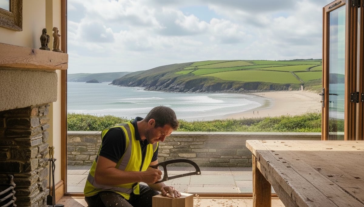 Worker in yellow safety vest using power drill inside beach house with scenic coastal cliffs and ocean view in background