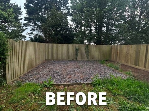Backyard with wooden fence, gravel ground, and trees labeled BEFORE